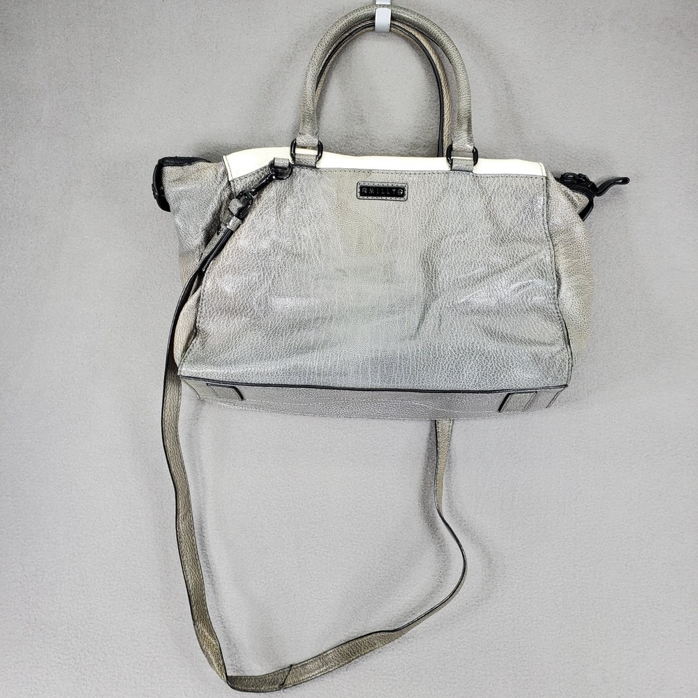 MILLY Gray Leather Bag Zip Contrast Trim Silver Y2K Shoulder Purse Hand